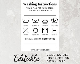 Editable Washing Instruction Template - Laundry Symbol Card, Clothing Care Instruction Card Printable, Laundry Care Card, Package Insert