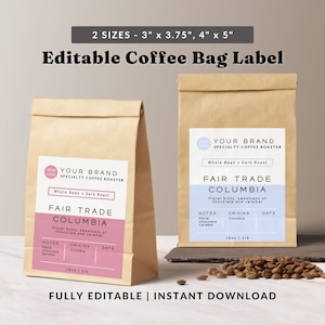 Modelo de etiqueta de café pronto para imprimir - Etiqueta de produto minimalista, embalagem de café, etiqueta para impressão DIY, etiqueta de saco kraft, design de etiqueta personalizado