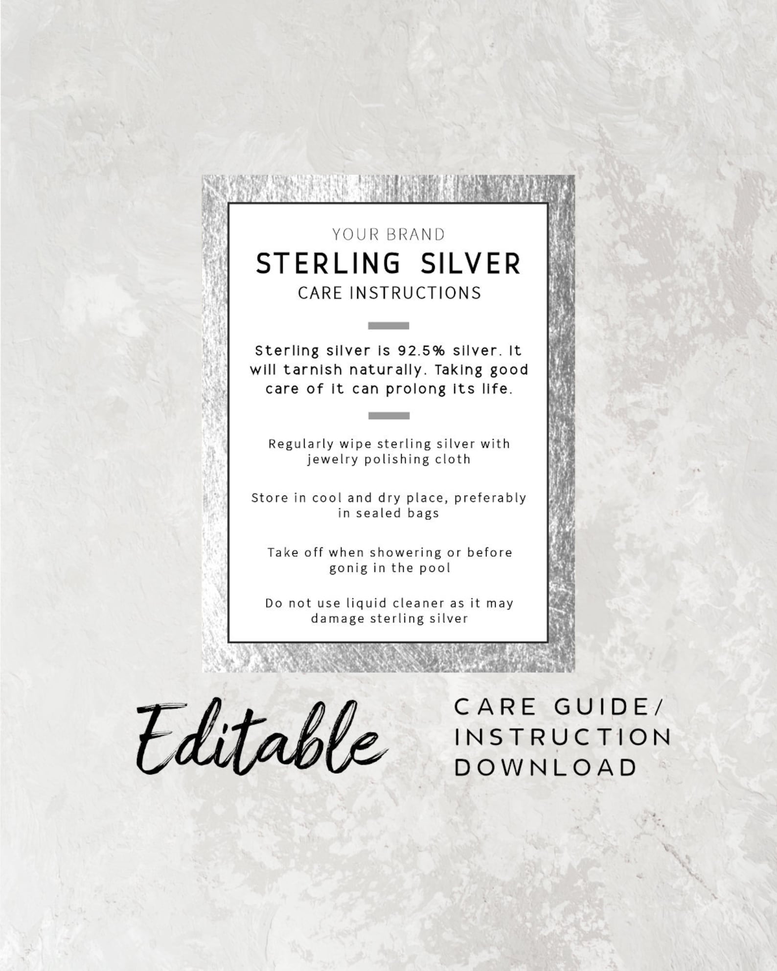 Printable Sterling Silver Care Instruction Card Jewellery Etsy