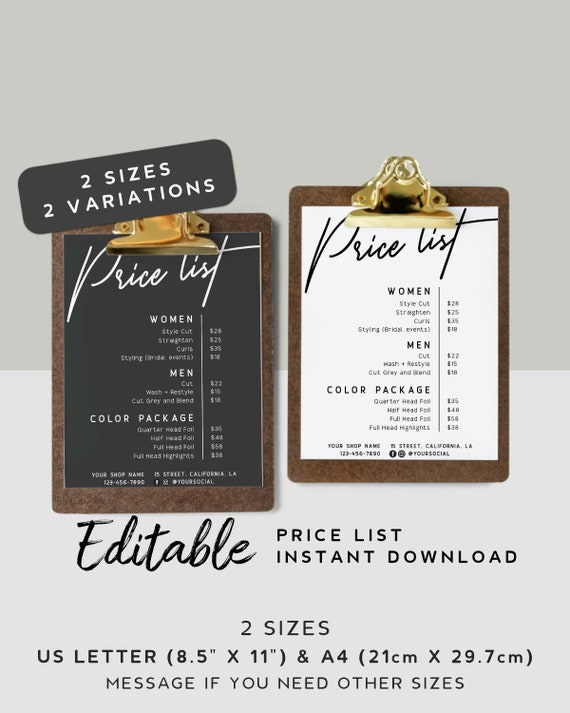 Printable Price List Template - Salon Price Sheet, Price Guide Template, Pricing List Salon, Price List Editable, Hair Salon Menu