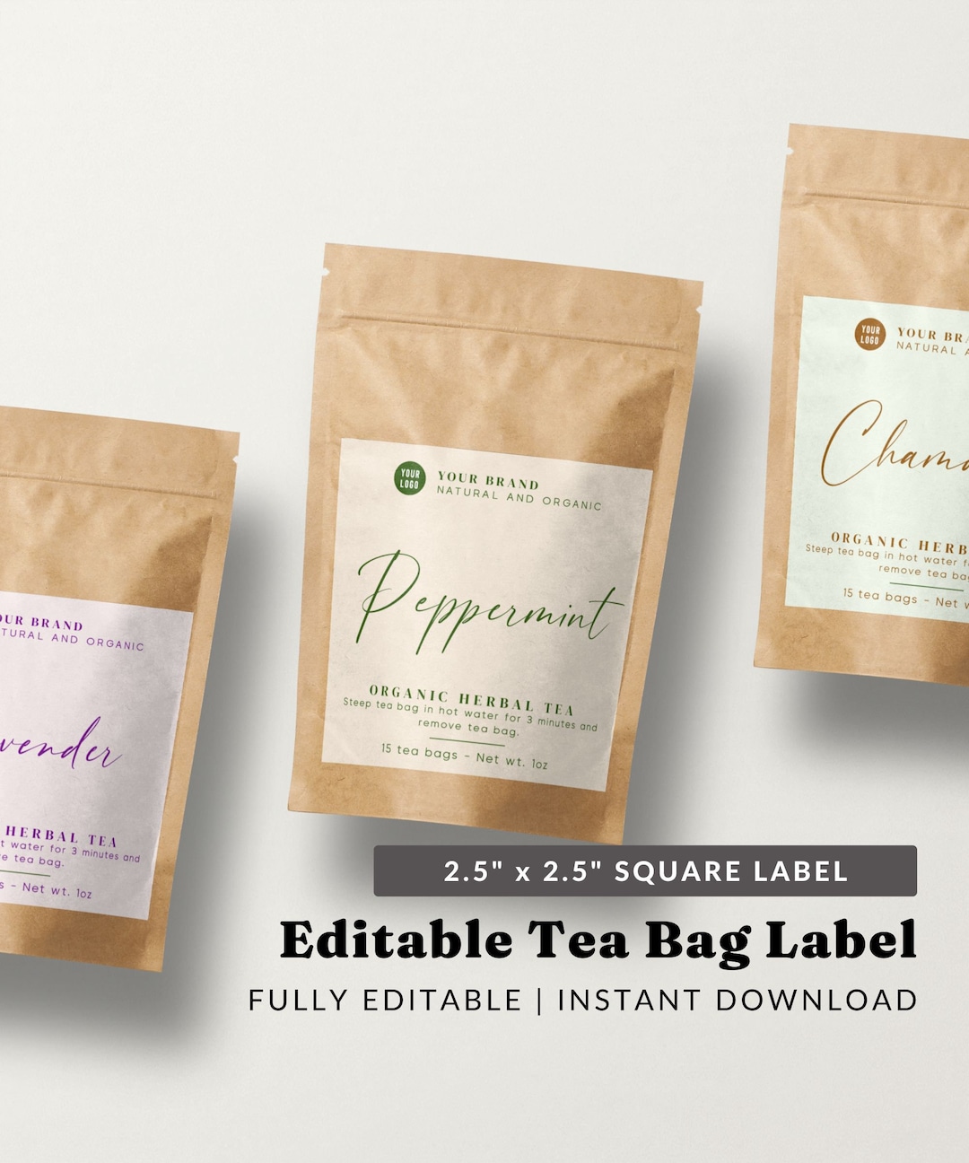 Calligraphy Herbal Tea Label Editable Tea Bag Labels, Printable Square ...