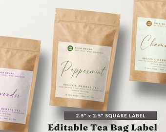 Calligraphy Herbal Tea Label - Editable Tea Bag Labels, Printable Square Stickers, Organic Tea Labels, Instant Download, Handwritten Font