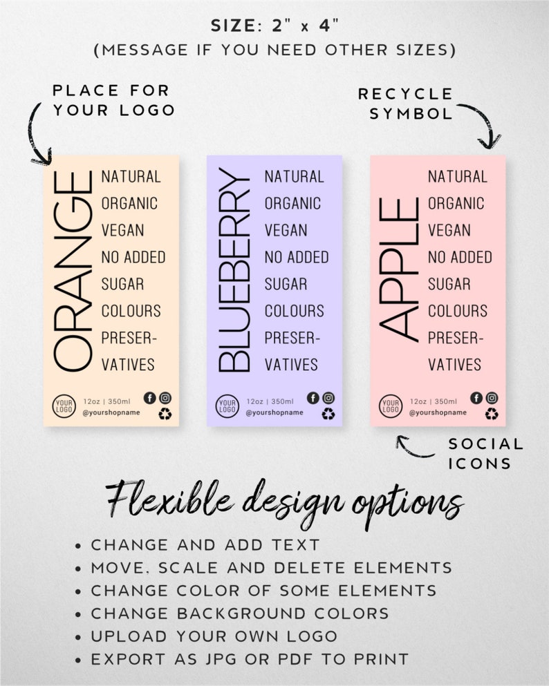 May include: Three label designs for natural, organic, vegan juice products. The labels are in orange, purple, and pink with the words "Orange", "Blueberry", and "Apple" written vertically in white. Each label includes the text "Natural", "Organic", "Vegan", "No Added Sugar", "Colours", "Preservatives", and "12oz | 350ml". The labels also include a place for a logo and social media icons.