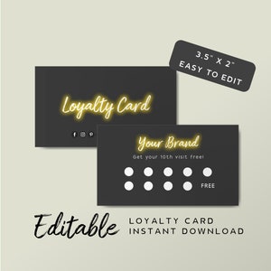 Editable Rewards Card Template - Beauty Salon Loyalty Card Design, Neon Light Card, Luxury Loyalty Cards, Black Stamp Card, Neon Sign