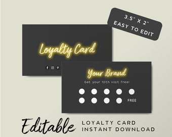 Editable Rewards Card Template - Beauty Salon Loyalty Card Design, Neon Light Card, Luxury Loyalty Cards, Black Stamp Card, Neon Sign