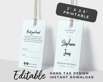 Puede incluir: Plantilla de etiqueta colgante editable e imprimible para una marca de ropa. La etiqueta mide 5,1 cm por 8,9 cm e incluye un espacio para el nombre de la marca, el precio, la talla, la información de las redes sociales y una etiqueta de material premium. El texto "Hecho a mano en EE. UU." y "Algodón orgánico" también está incluido.