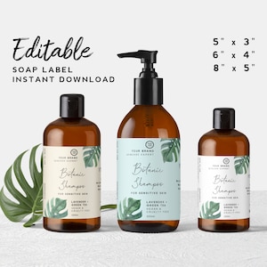 Printable Shampoo Labels - Botanical Soap Labels, Green Leaf Conditioner Label, Monstera Branding Stickers, Floral Bath Product Labels