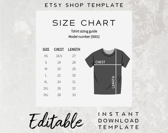 Bearbeitbare Größentabelle Tshirt - Bearbeitbare Vorlagen, Bella Canvas Größentabelle Vorlage, Bekleidungs Größentabelle, Sofort Download, Shirt Sizing