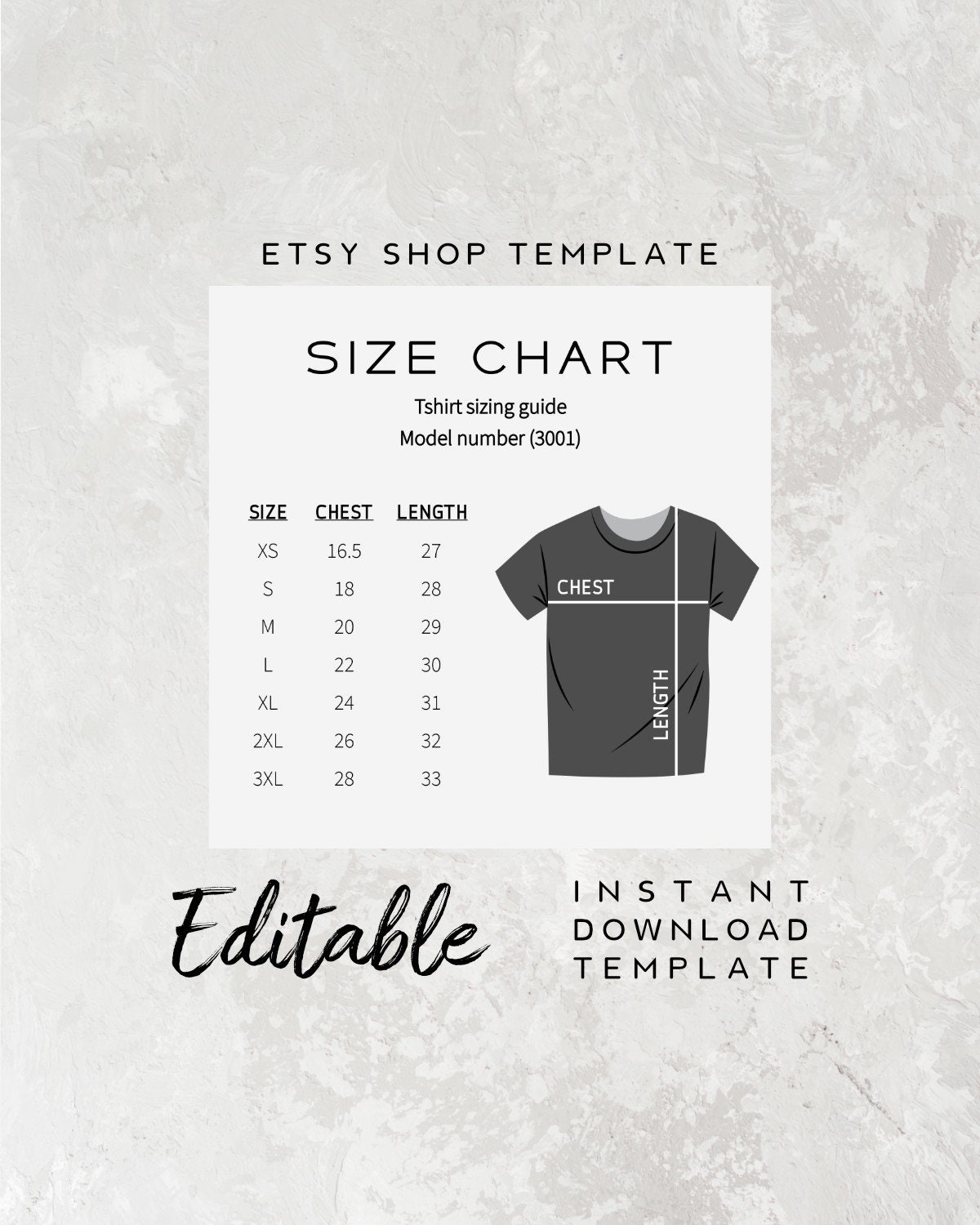 Editable Size Chart Tshirt Editable Templates, Bella Canvas Size
