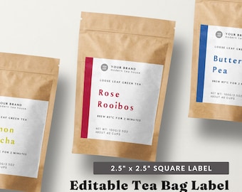Szablon etykiety do herbaty do druku - Edytowalna etykieta produktu, Etykieta opakowania naturalnej herbaty w saszetkach, Projekt etykiety na zamówienie, Szablon etykiety DIY, Corjl