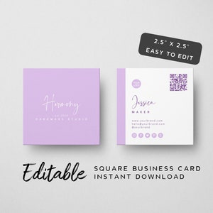 Plantilla de tarjeta de visita cuadrada púrpura con código QR: descarga instantánea, fuente manuscrita, marca de color pastel, tarjeta de visita de caligrafía