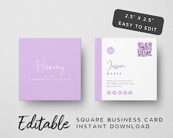 Purple Square Business Card Template With QR Code - Instant Download, Handwritten Font, Pastel Colour Branding, Calligraphy Business Card