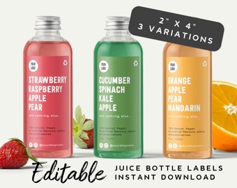 Può includere: Tre etichette per bottiglie di succo stampabili da 2x4 pollici con un modello di design per un succo di fragola lampone mela pera, un succo di cetriolo spinaci cavolo riccio mela e un succo di arancia mela pera mandarino. Ogni etichetta presenta un logo stilizzato, il nome del succo e il testo "100% Naturale, Vegano. Senza aromi artificiali, coloranti e conservanti. 350ml @yourshopname".
