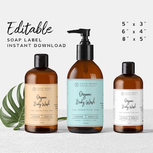 May include: Three amber glass bottles of organic body wash for sensitive skin. The bottles are labeled with the text "Your Brand Skincare Expert" and "Organic Body Wash". The bottles are 5 inches by 3 inches, 6 inches by 4 inches, and 8 inches by 5 inches.