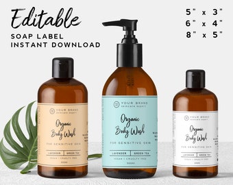 May include: Three amber glass bottles of organic body wash for sensitive skin. The bottles are labeled with the text "Your Brand Skincare Expert" and "Organic Body Wash". The bottles are 5 inches by 3 inches, 6 inches by 4 inches, and 8 inches by 5 inches.