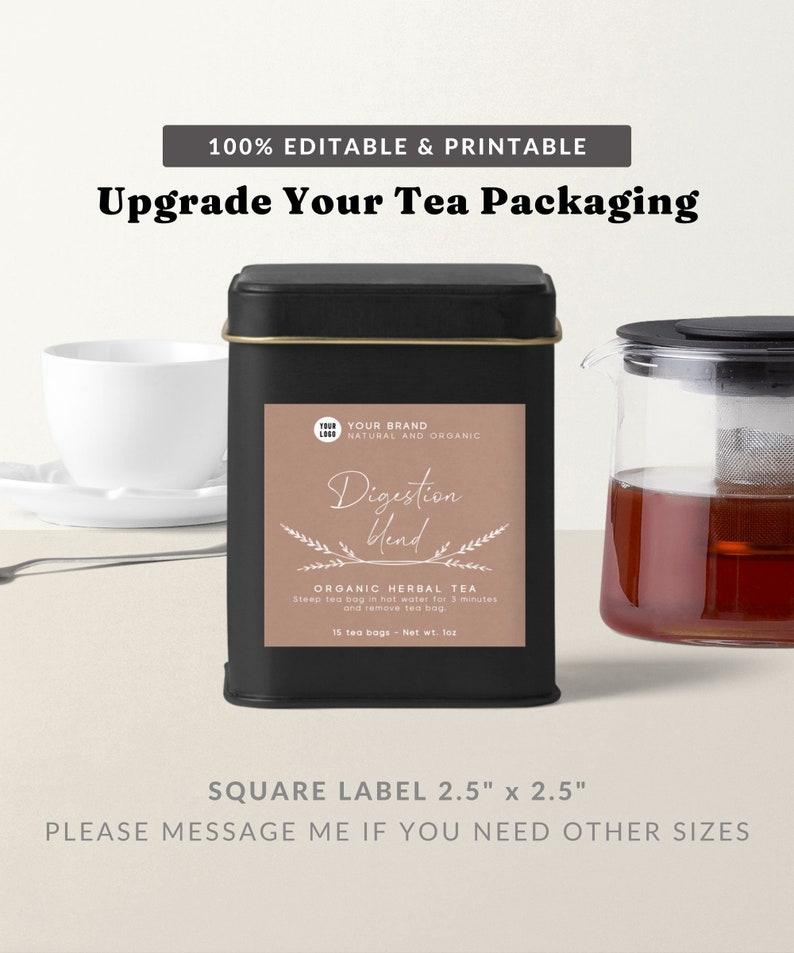 Tea Blend Labels Examples Editable Tea Branding Label - Botanical, Tea Tin Labels, Green Product ...
