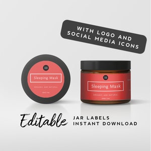 Pu&ograve; includere: Due barattoli di vetro marrone con coperchi neri ed etichette rosse. Le etichette recitano "Sleeping Mask" e "Organic and Natural". I barattoli sono su uno sfondo bianco. Etichette di barattoli modificabili download istantaneo.