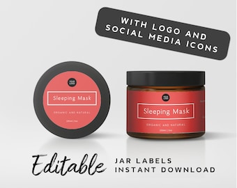 May include: Two brown glass jars with black lids and red labels. The labels say "Sleeping Mask" and "Organic and Natural". The jars are on a white background. Editable jar labels instant download.