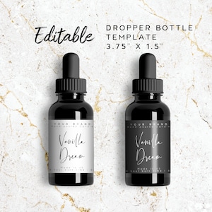 May include: Two black dropper bottles with labels that read "Vanilla Dream." The bottles are 9.5cm x 3.8cm and the labels say "Made in US." The text "Editable" and "DROPPER BOTTLE TEMPLATE" are also visible.