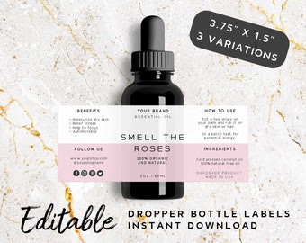 Ready to Print Essential Oil Bottle Label - 1oz Bottle Sticker, 2oz Bottle Label, Minimalist Product Label Wrap, Dropper Label Template