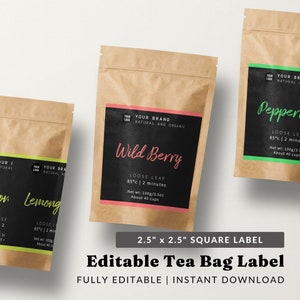 Printable Tea Bag Label Template - Black Product Label, Paper Pouch ...