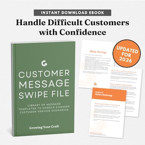 Op de afbeelding: Een groene ebook-omslag met de titel "Handle Difficult Customers with Confidence". De tekst op de omslag luidt "Customer Message Swipe File" en "Library of Message Templates to Handle Common Customer Service Scenarios". Bijgewerkt voor 2026.