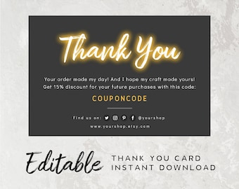 Ready To Print Black Thank You Card - Business Order Insert Template, DIY Template Thank You For Your Order Card, Editable Card Template