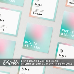 Bewerkbaar vierkant visitekaartje sjabloon - DIY afdrukbaar visitekaartje, instant download, minimale kaart, vrouwelijk visitekaartje, holografisch