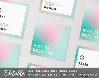 Editable Square Business Card Template - DIY Printable Business Card, Instant Download, Minimal Card, Feminine Business Card, Holographic