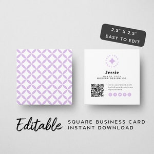May include: Editable square business card template with a purple and white geometric pattern on one side and a white background with a star logo, text, and a QR code on the other side. The text reads "Jessie, Maker from Modern Design Co., www.yourbrand.com, hello@yourbrand.com, @yourbrand".