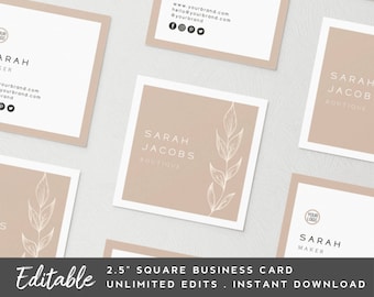 Square Business Card Template Floral - Business Card Small Business Template, Business Card Boho, Business Card For Boutique, Minimal, Leaf