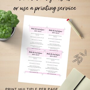 May include: Printable instructions for making bath salts. The instructions are on a pink background with a glittery design. The text says "Make the best of your bath salts".