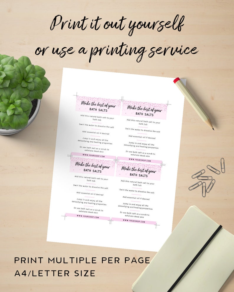 May include: Printable instructions for making bath salts. The instructions are on a pink background with a glittery design. The text says "Make the best of your bath salts".