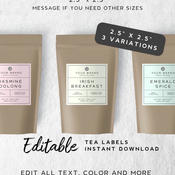 Custom Tea Packaging Label Template - Printable Label Design, Square Product Label, Tea Label Editable, Minimalist Product Label Template