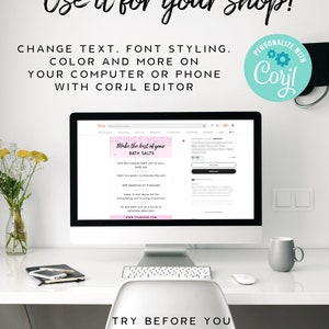May include: A computer screen displaying a pink and white Etsy shop banner for bath salts. The banner text reads "Make the best of your BATH SALTS". The text below the banner includes instructions on how to use the bath salts. The text at the bottom of the image reads "TRY BEFORE YOU BUY DEMO LINK IN DESCRIPTION".