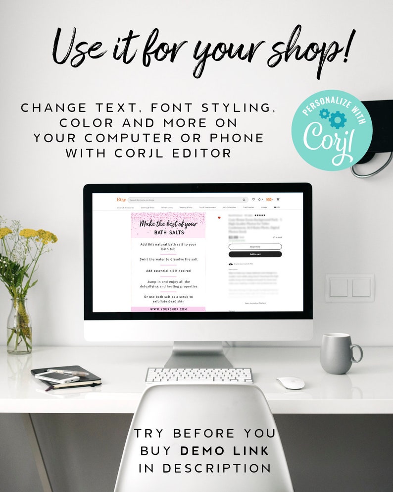 May include: A computer screen displaying a pink and white Etsy shop banner for bath salts. The banner text reads "Make the best of your BATH SALTS". The text below the banner includes instructions on how to use the bath salts. The text at the bottom of the image reads "TRY BEFORE YOU BUY DEMO LINK IN DESCRIPTION".