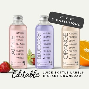 May include: Three 2x4 inch printable juice bottle labels with a design for apple, blueberry, and orange juice. Each label features a natural, organic, vegan, no added sugar, and no added colours design. The labels are editable and can be downloaded instantly.