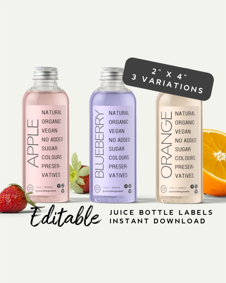 May include: Three 2x4 inch printable juice bottle labels with a design for apple, blueberry, and orange juice. Each label features a natural, organic, vegan, no added sugar, and no added colours design. The labels are editable and can be downloaded instantly.