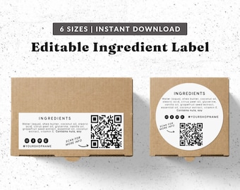 Ingredient Label Template With QR Code - Custom Product Packaging Sticker, Back Label For Jars, Editable Food Label Template