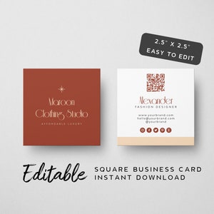 Carte de visite Square de luxe avec code QR - Conception de carte scannable, carte de visite rouge marron imprimable, carte Scan-moi élégante, Crimson, serif
