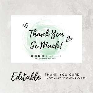 Groene Aquarel Dank u Kaart Business -Order Insert Card Bewerkbaar, Hart Dank u Kaarten Sjabloon, Etsy Verkoper Bestelkaart, Pakket Insert