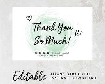 Green Watercolor Thank You Card Business -Order Insert Card Editable, Heart Thank You Cards Template, Etsy Seller Order Card, Package Insert