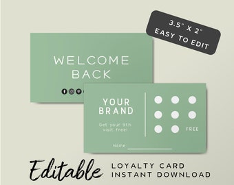 Printable Loyalty Card Template - Modern Rewards Card Green, Simple Stamp Card Design, Punch Card Premade Template, Green Loyalty Card