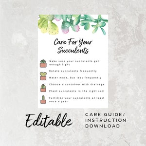 Insertion du guide d'entretien des plantes succulentes - Guide d'entretien imprimable pour les plantes, carte d'instructions d'entretien pour les cactus, impression du guide d'entretien, encart modifiable pour la commande