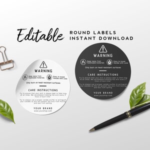 Warning Label Template - Candle Warning Sticker Label, 3x3, Round Label for Lid, Editable Information Label, Printable Instruction Sticker image 1