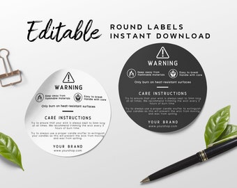 Warning Label Template - Candle Warning Sticker Label, 3x3, Round Label for Lid, Editable Information Label, Printable Instruction Sticker