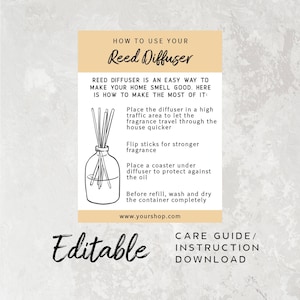 Puede incluir: Una tarjeta de instrucciones beige con el texto "Cómo usar tu difusor de varillas". La tarjeta incluye instrucciones sobre cómo usar un difusor de varillas, con un dibujo de un difusor y varillas. La palabra "Editable" está escrita en cursiva.