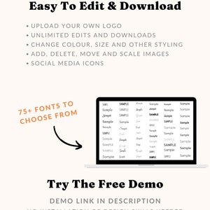 Puede incluir: Una pantalla de computadora port&aacute;til que muestra una variedad de fuentes, con el texto "75+ FONTS TO CHOOSE FROM" encima de la pantalla. El texto "Easy To Edit & Download" y "Try The Free Demo" se muestran arriba y debajo de la computadora port&aacute;til, respectivamente. El texto "DEMO LINK IN DESCRIPTION" y "NO INSTALLATION OR DESIGN SKILLS NEEDED" se muestran debajo de la computadora port&aacute;til.