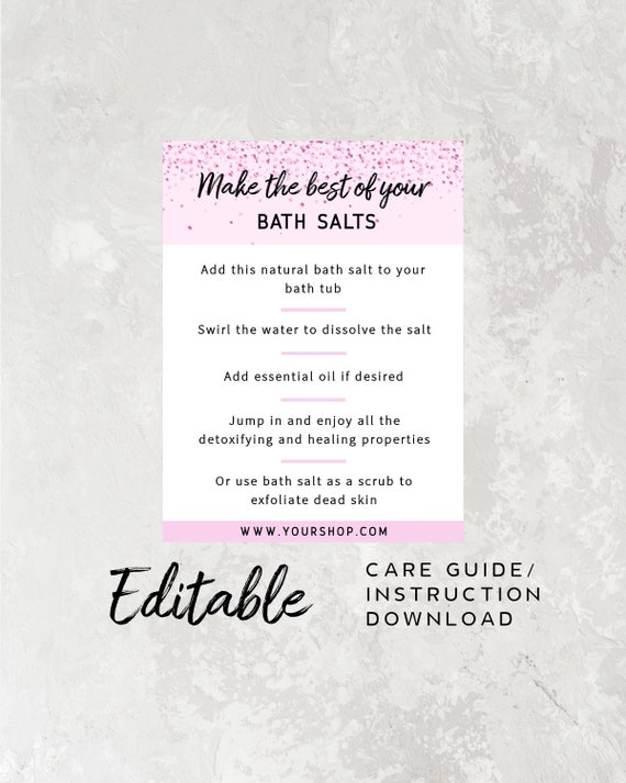 Body Care Instruction Card Template - Bath Salts Card Printable, Shop Shipping Supplies, Packaging Insert Template, Order Card Insert
