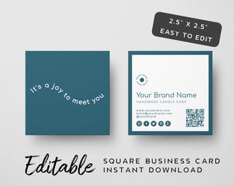 Blue Square Business Card Template - QR Code Business Card Design - Hair Stylist Business Card, Nice To Meet You, Denim Blue, Curved Text